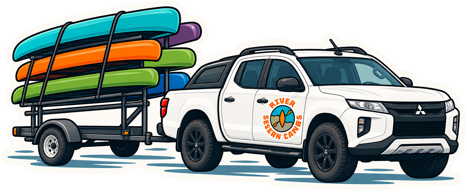 River Severn Canoes white pickup truck towing a trailer stacked with colourful canoes and kayaks