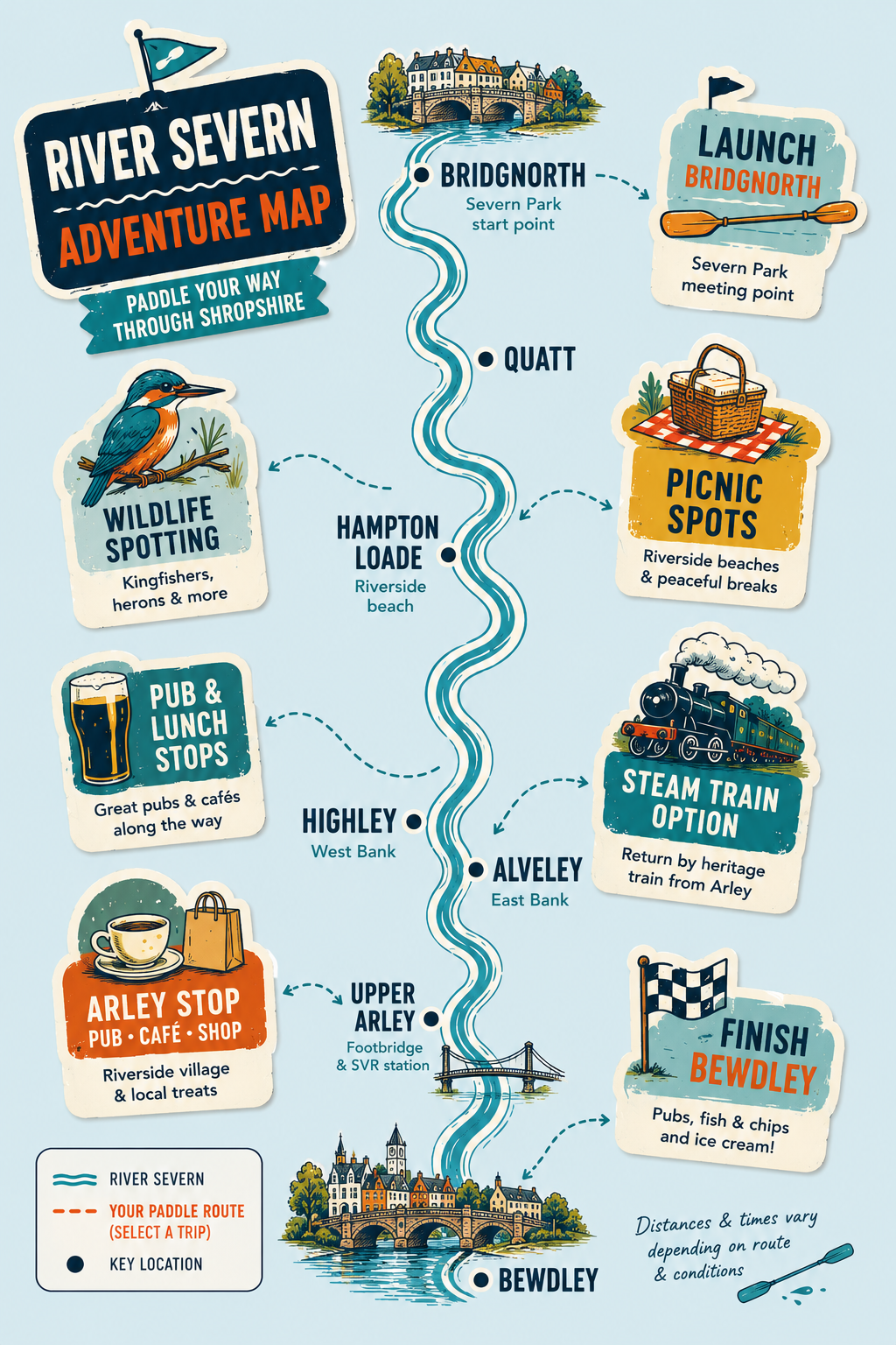 Illustrated River Severn adventure map from Bridgnorth to Bewdley