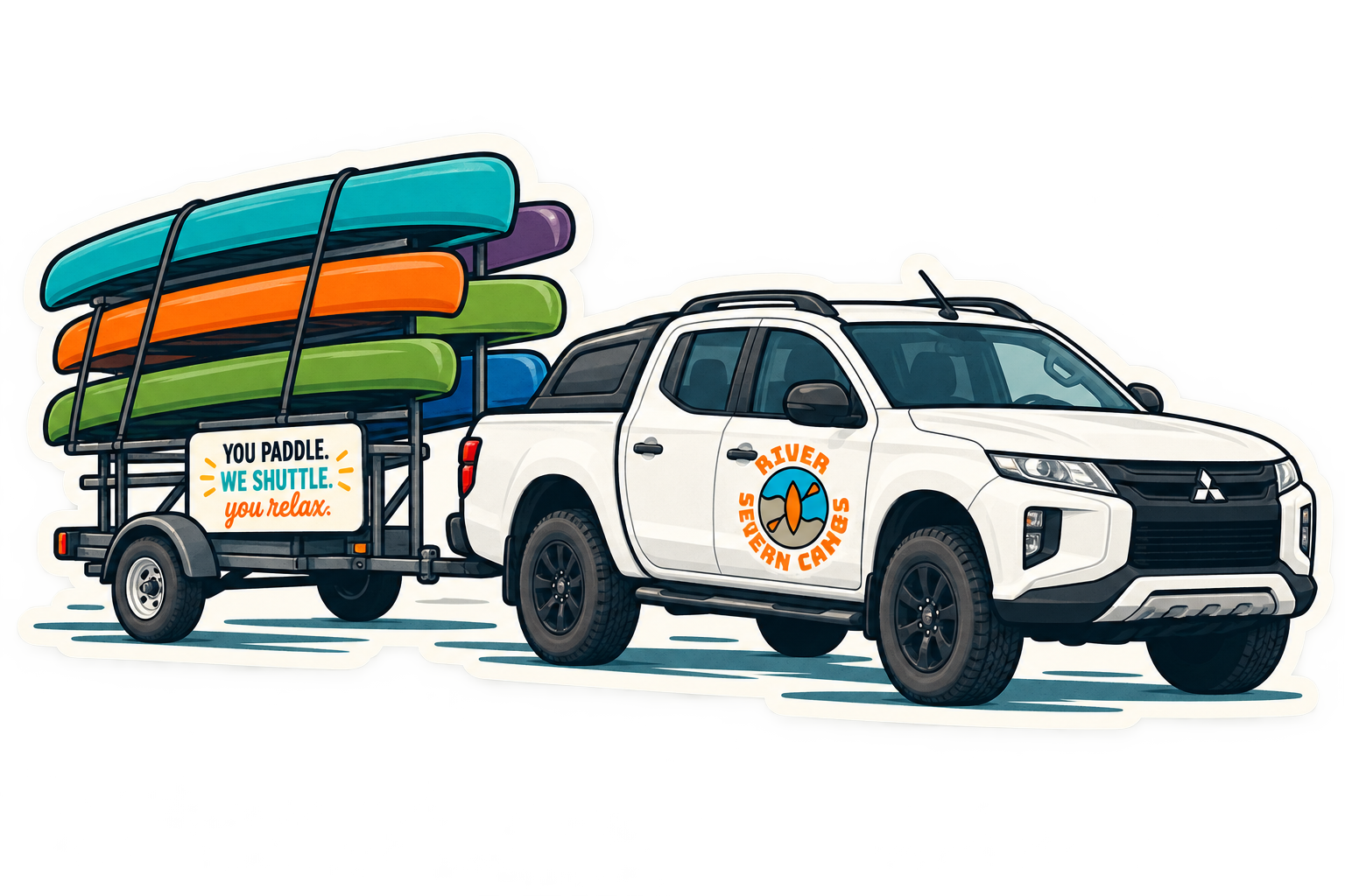 River Severn Canoes pickup towing a trailer stacked with canoes and kayaks